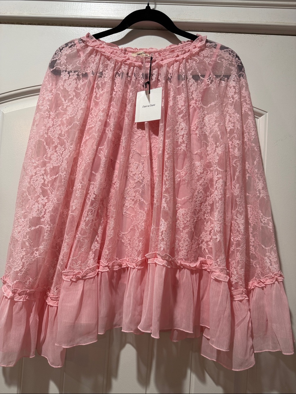 DAVI & DANI Light Pink Sheer Lace Ruffle Blouse